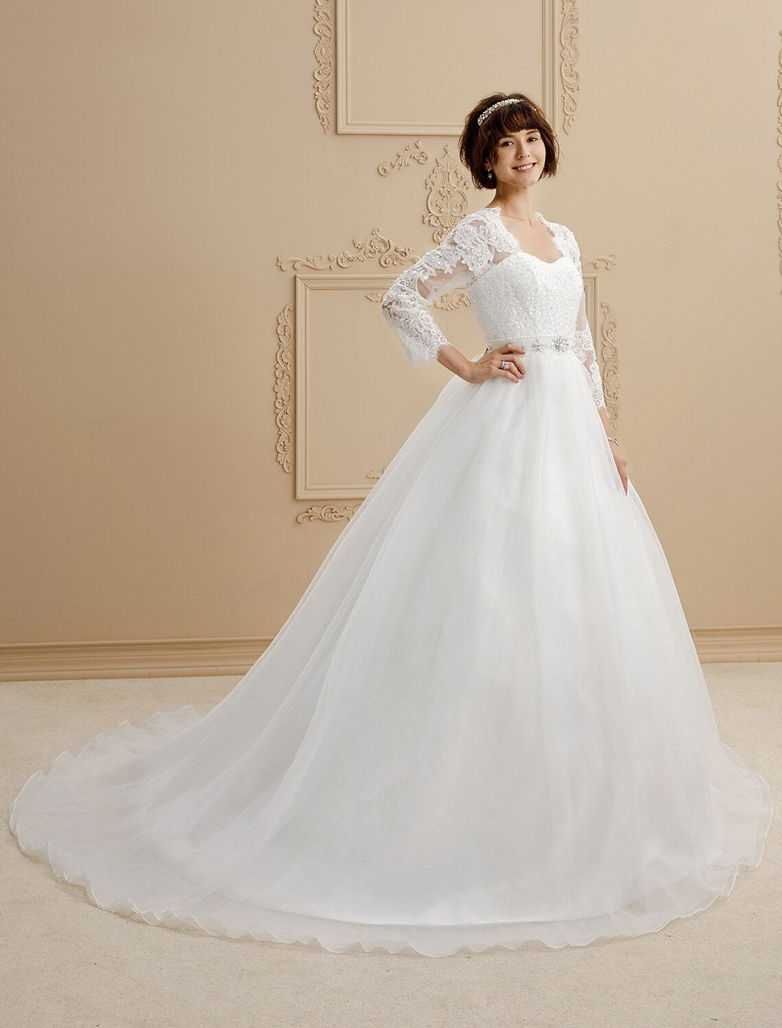 Royal Style Wedding Dresses Ball Gown Queen Anne 3/4 Length Sleeve Chapel Train Lace Bridal Gowns With Sashes / Ribbons Beading