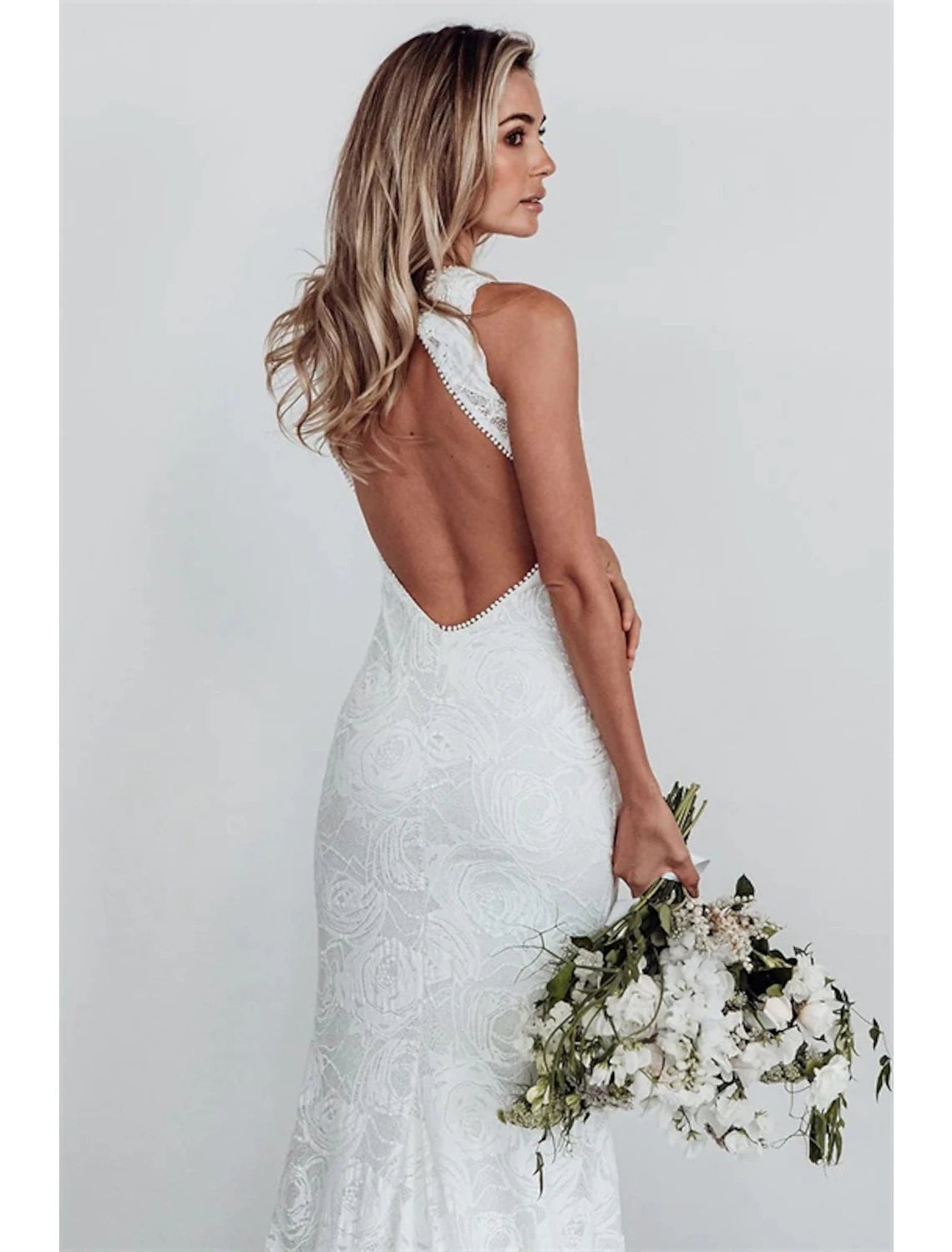 Beach Open Back Boho Wedding Dresses Mermaid / Trumpet Halter Sleeveless Chapel Train Lace Bridal Gowns With Appliques Solid Color Summer Fall Wedding Party , Women's Clothing
