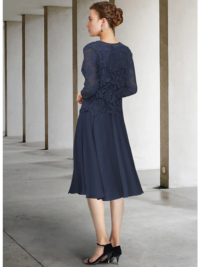 DingjiTwo Piece A-Line Mother of the Bride Dress Elegant Jewel Neck Knee Length Chiffon Lace 3/4 Length Sleeve with Bow(s) Appliques