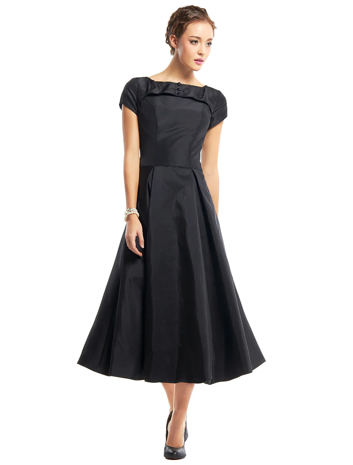 DingjiA-Line Black Dress Vintage Homecoming Wedding Guest Tea Length Short Sleeve Boat Neck Taffeta with Buttons