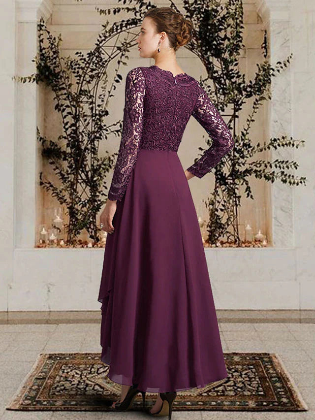 A-Line Mother of the Bride Dress Elegant High Low V Neck Asymmetrical Ankle Length Chiffon Lace Long Sleeve with Pleats