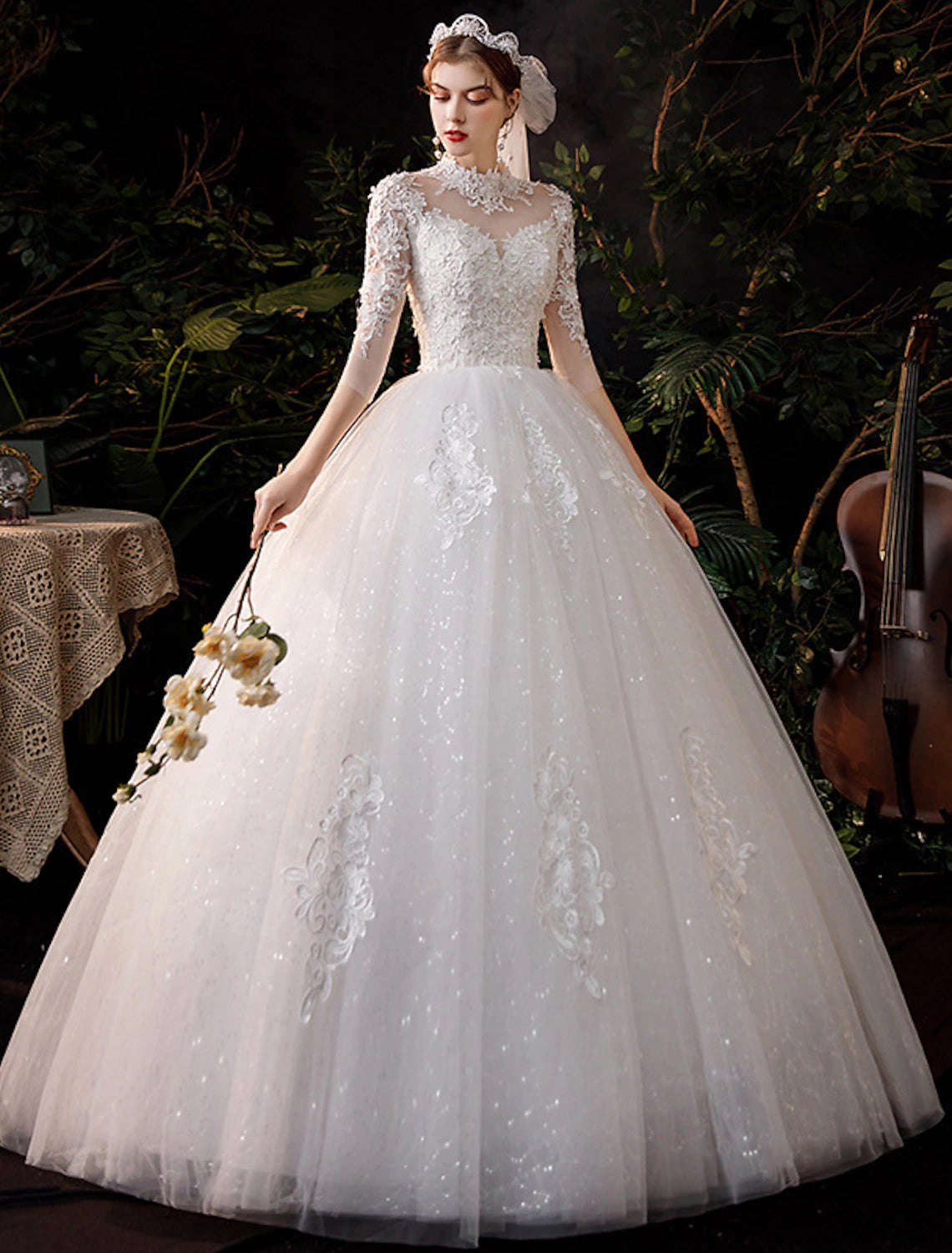 Wedding Dresses Floor Length Ball Gown Half Sleeve High Neck Lace With Appliques Bridal Gowns