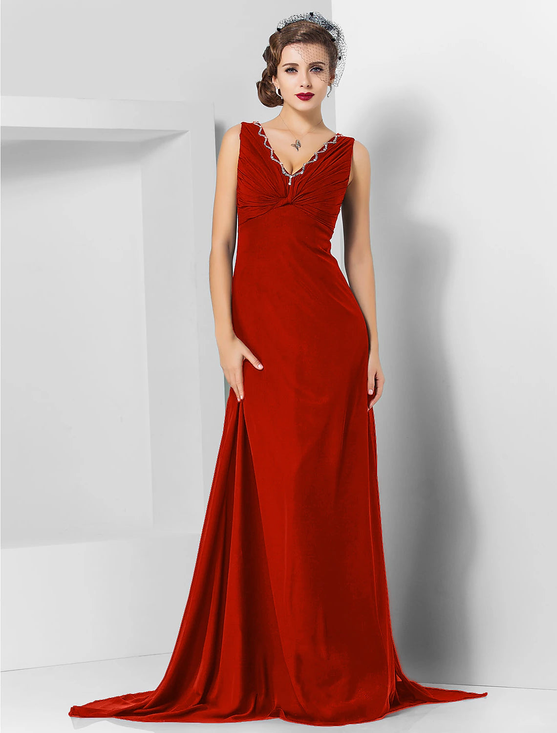 Sheath / Column Elegant Engagement Formal Evening Dress V Neck Sleeveless Sweep / Brush Train Chiffon with Crystals Draping