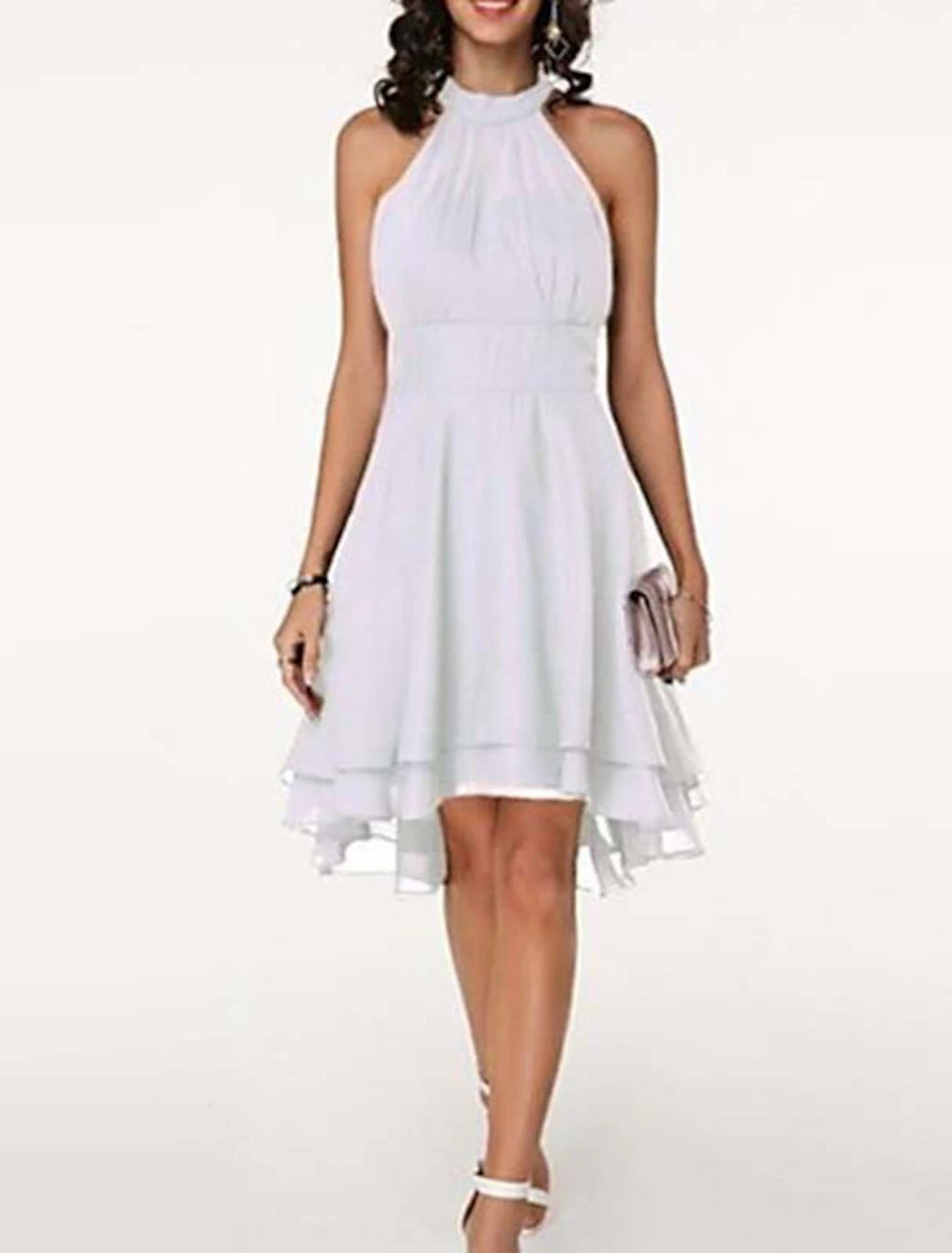 A-Line Cocktail Dresses Party Dress Wedding Guest Engagement Knee Length Sleeveless Halter Neck Chiffon V Back with Sleek Tiered