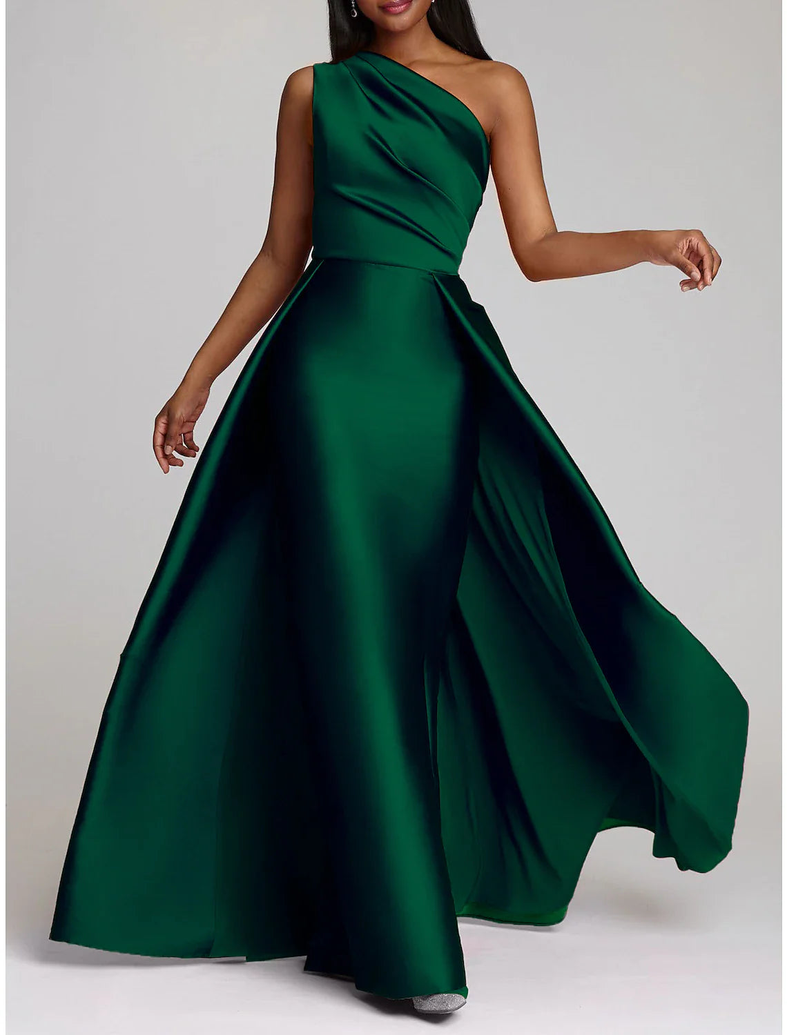 DingjiSheath / Column Evening Gown Elegant Dress Wedding Guest Cocktail Party Floor Length Sleeveless One Shoulder Satin with Overskirt Pure Color