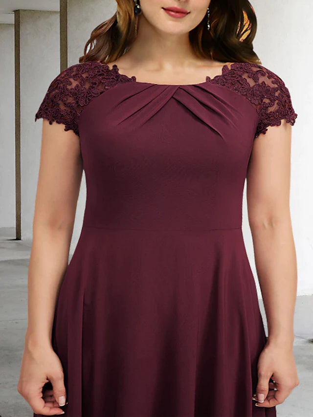 A-Line Plus Size Curve Mother of the Bride Dresses Elegant Dress Formal Floor Length Short Sleeve Jewel Neck Chiffon with Pleats Appliques