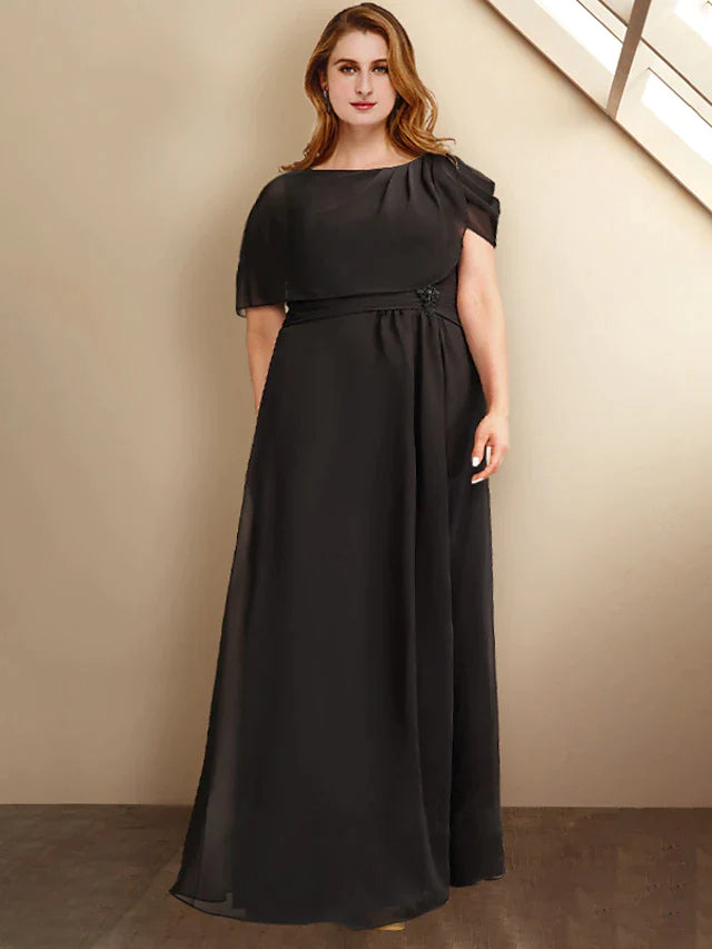 A-Line Plus Size Curve Mother of the Bride Dresses Elegant Dress Formal Floor Length Sleeveless Jewel Neck Chiffon with Ruched Crystals Ruffles
