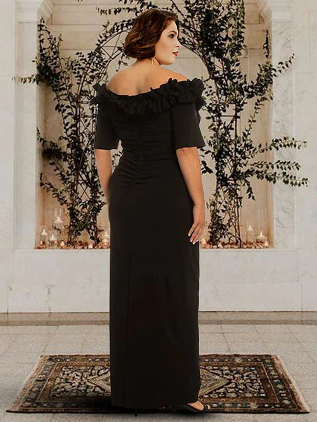 Sheath / Column Mother of the Bride Dress Plus Size Elegant Off Shoulder Floor Length Chiffon Half Sleeve with Ruching