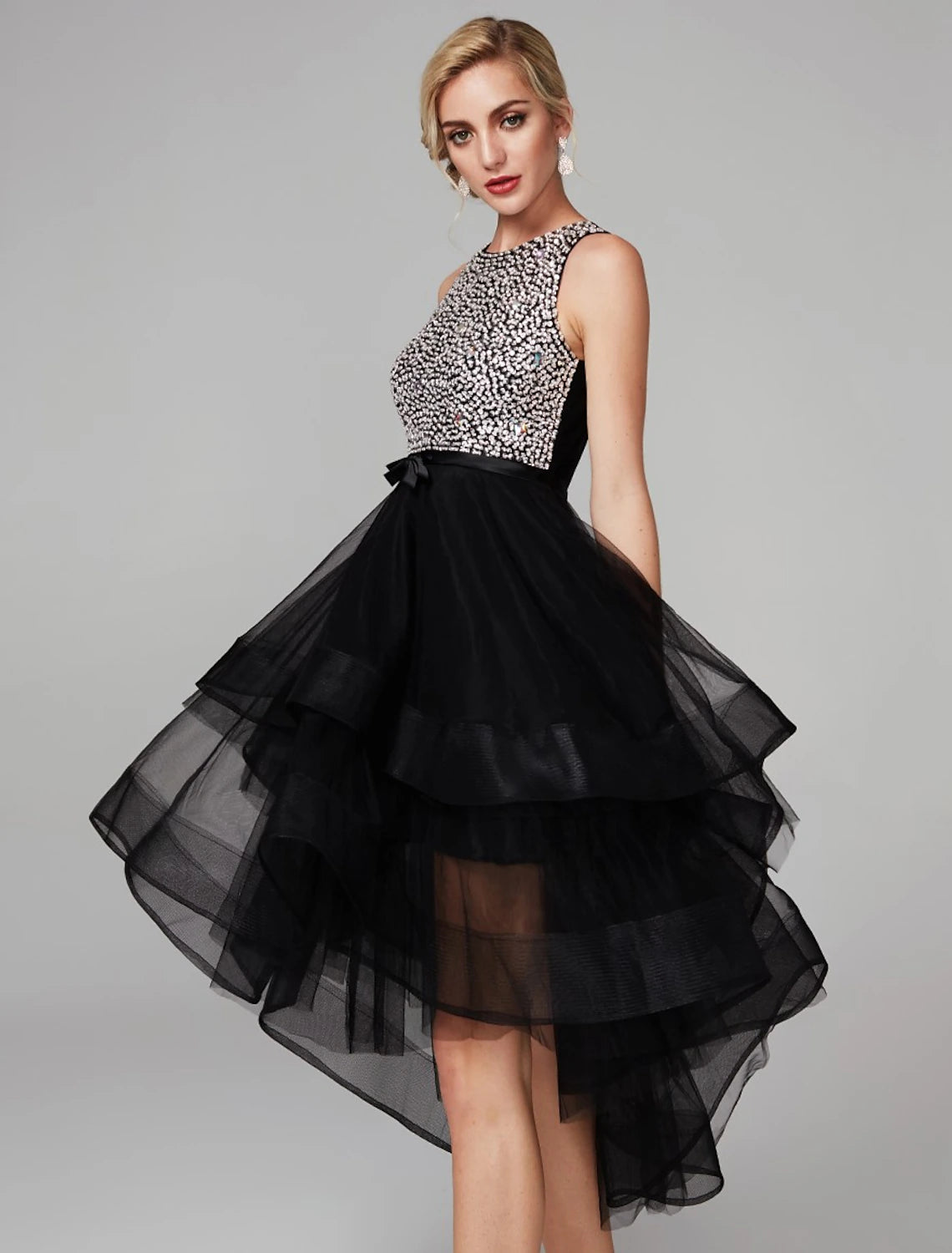 Ball Gown Cute Dress Homecoming Knee Length Sleeveless Jewel Neck Wednesday Addams Family Satin with Beading Cascading Ruffles