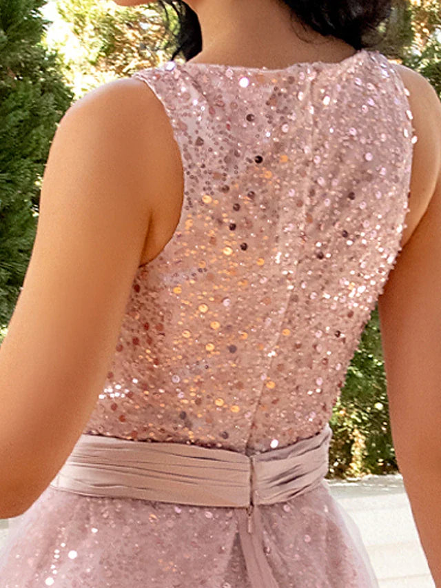 DingjiSheath / Column Cocktail Dresses Sparkle & Shine Dress Wedding Party Tea Length Sleeveless V Neck Detachable Tulle with Glitter Sequin
