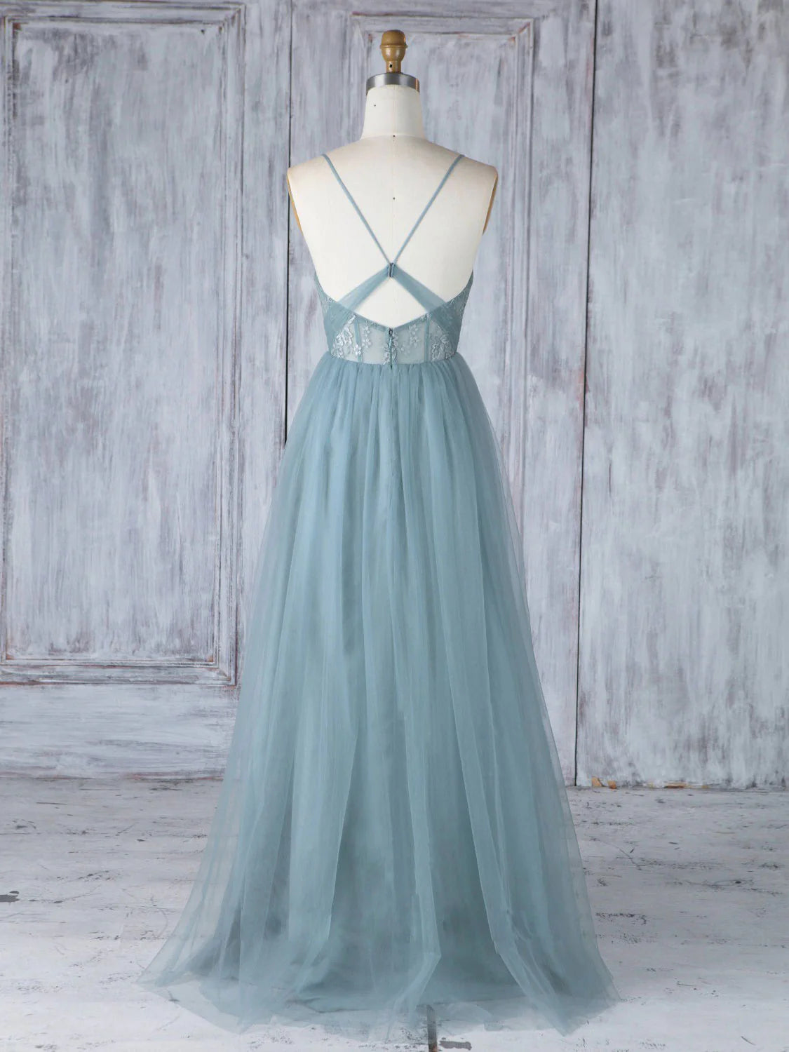 Sweetheart Neck Tulle Lace Long Prom Dresses Gray Blue Bridesmaid Dresses