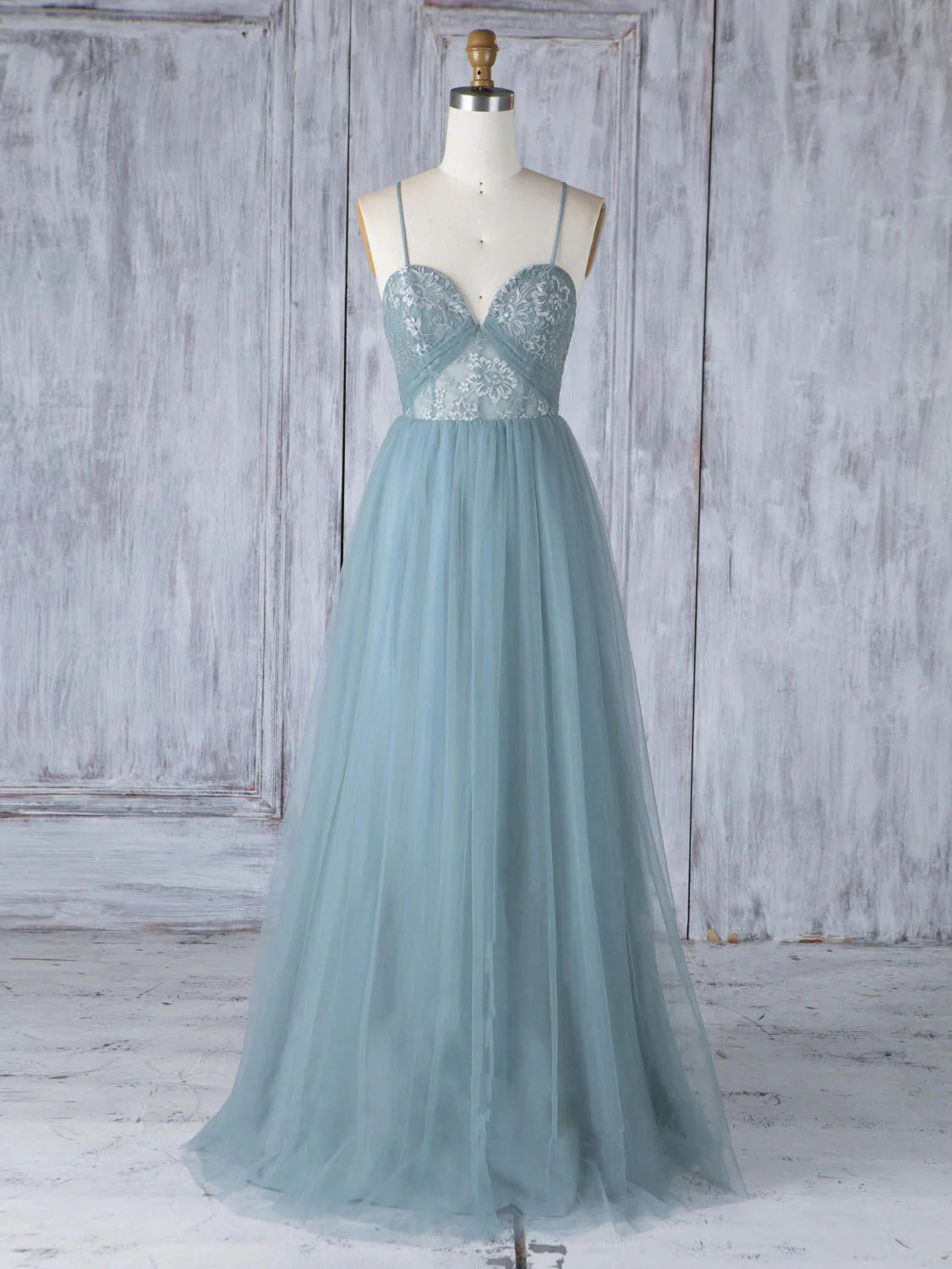 Sweetheart Neck Tulle Lace Long Prom Dresses Gray Blue Bridesmaid Dresses