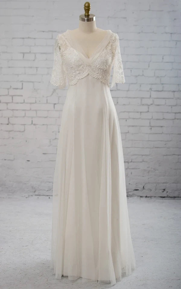 A-line Chiffon Dress With Half-sleeved Illusion Bodice