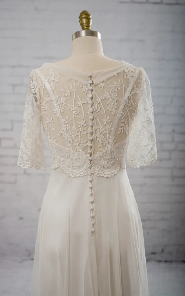 A-line Chiffon Dress With Half-sleeved Illusion Bodice