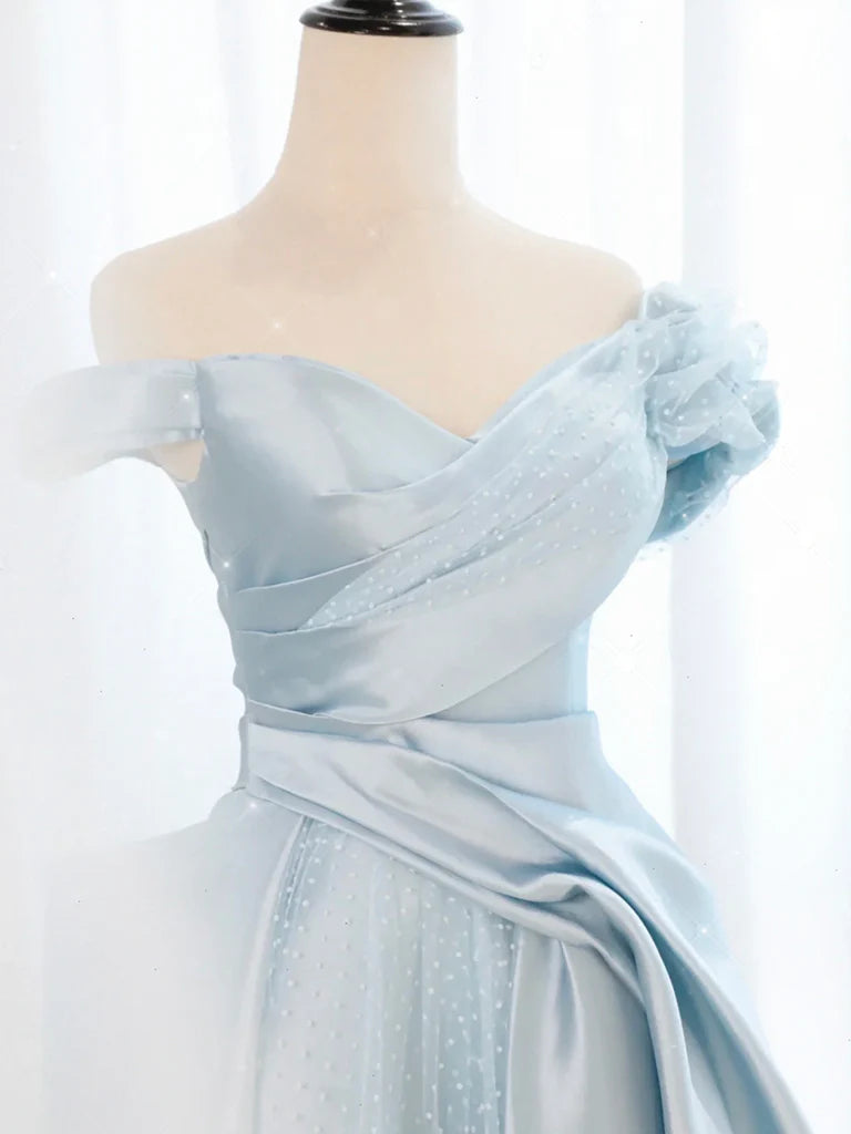 A-Line Off Shoulder Satin Tulle Blue Long Prom Dress
