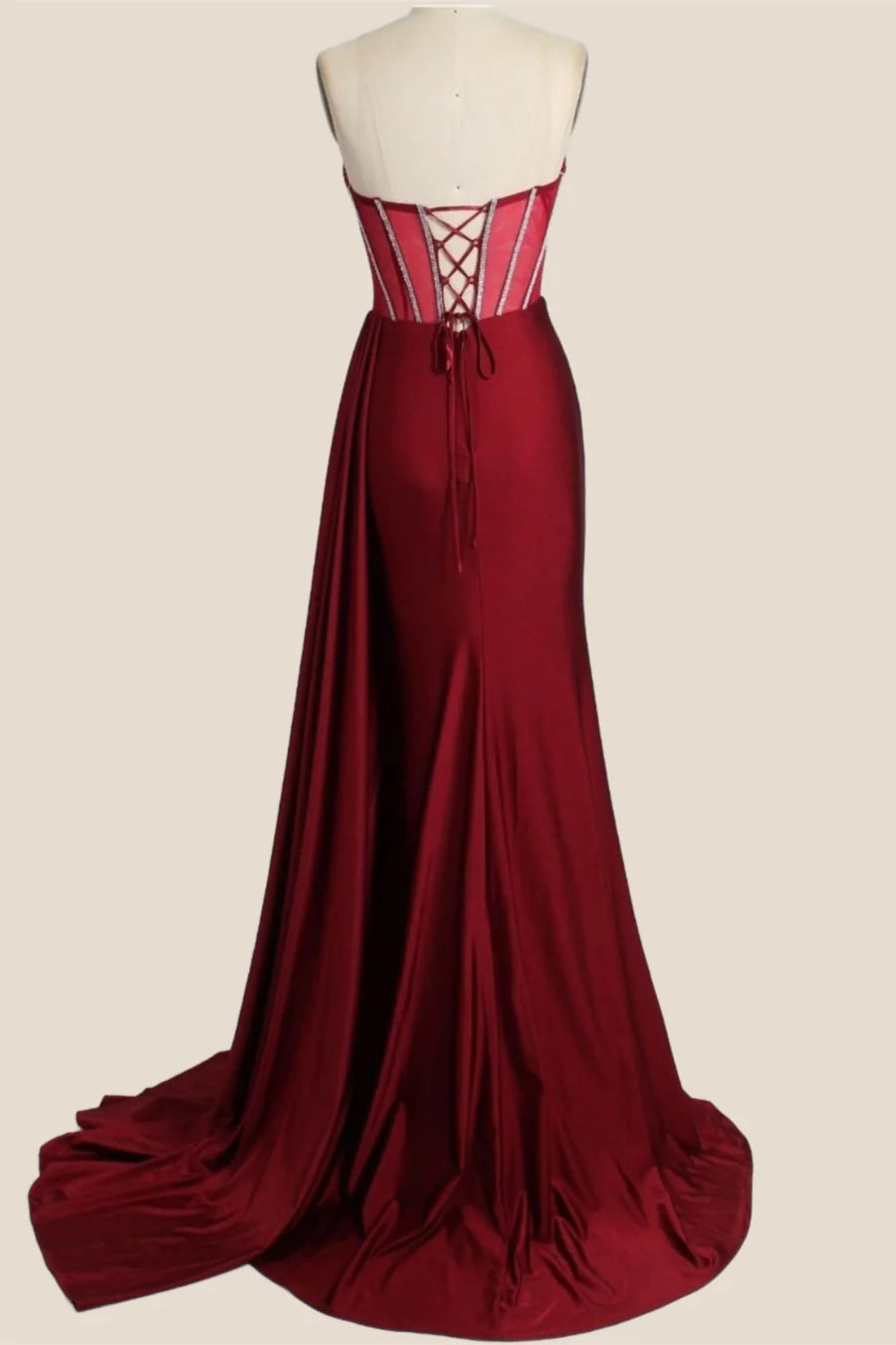 Burgundy Beaded Corset Sheath Long Prom Dress