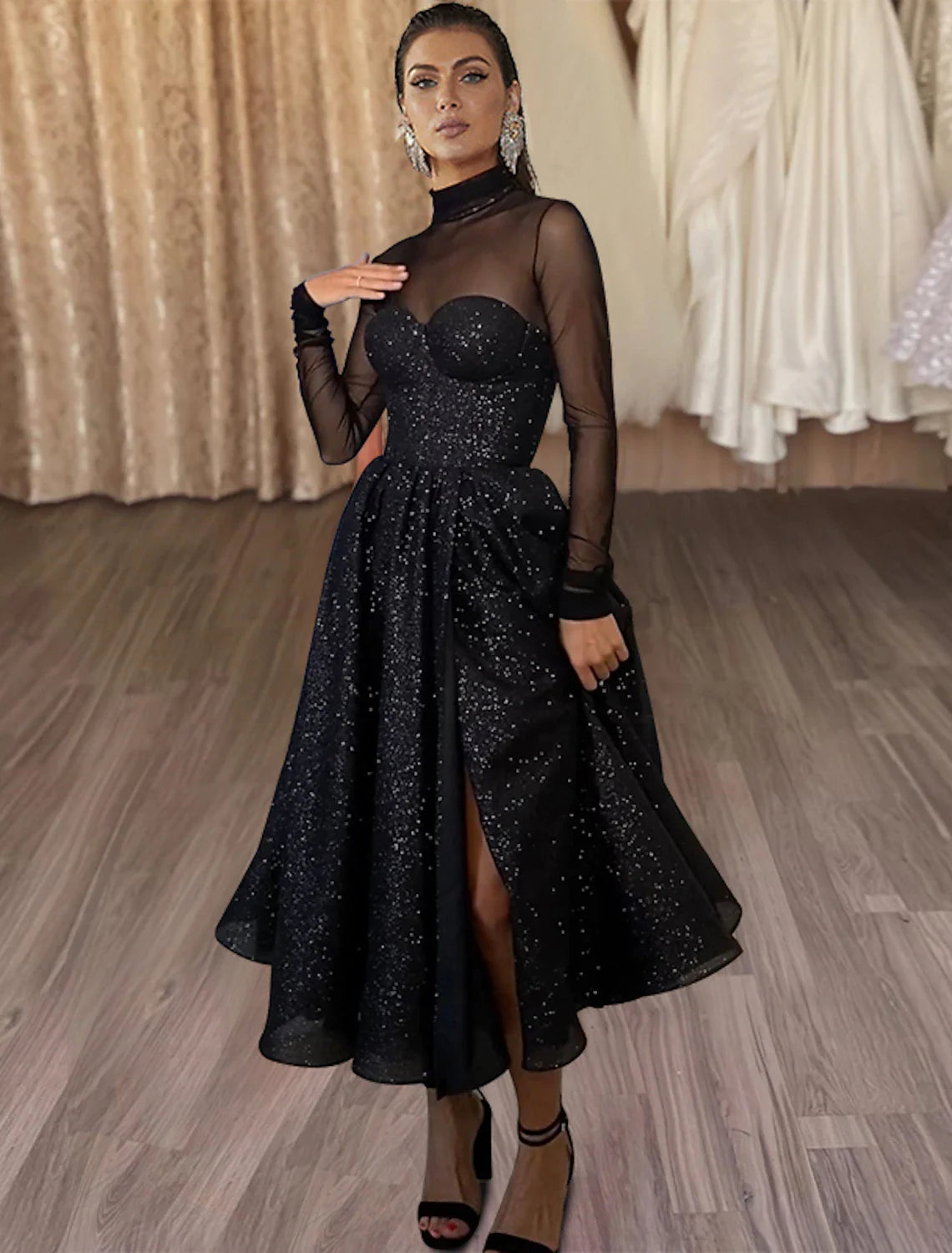 DingjiA-Line Cocktail Dresses Sparkle & Shine Dress Wedding Guest Party Wear Tea Length Long Sleeve High Neck Wednesday Addams Family Tulle with Glitter Slit
