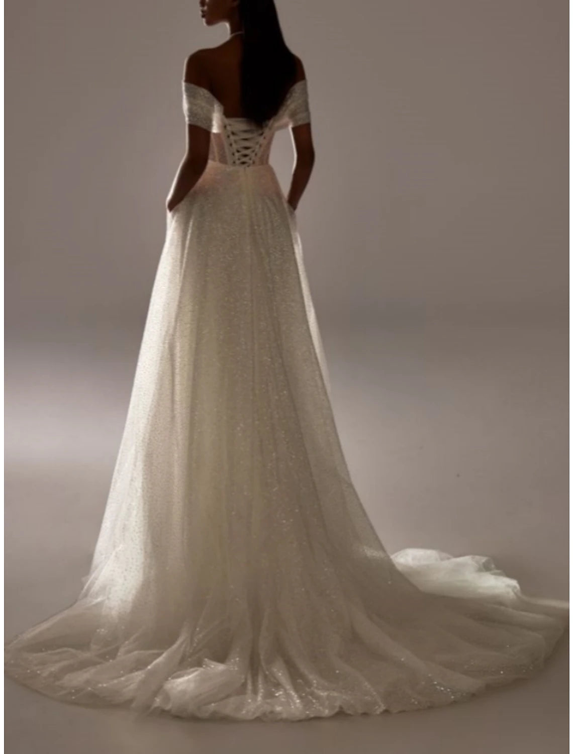 Formal Wedding Dresses A-Line Off Shoulder Short Sleeve Court Train Tulle Bridal Gowns With Pleats Ruched