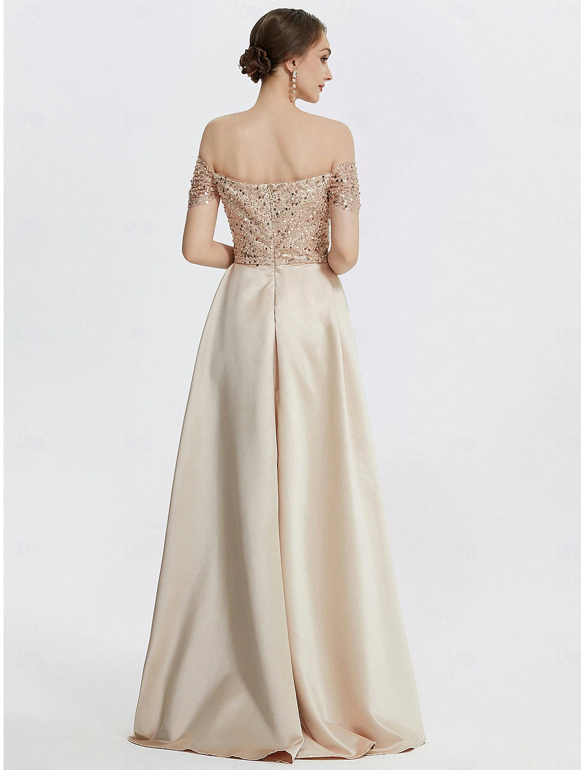 Sheath / Column Evening Gown Elegant Dress Formal Floor Length Short Sleeve Off Shoulder Sequined with Glitter Pleats Slit