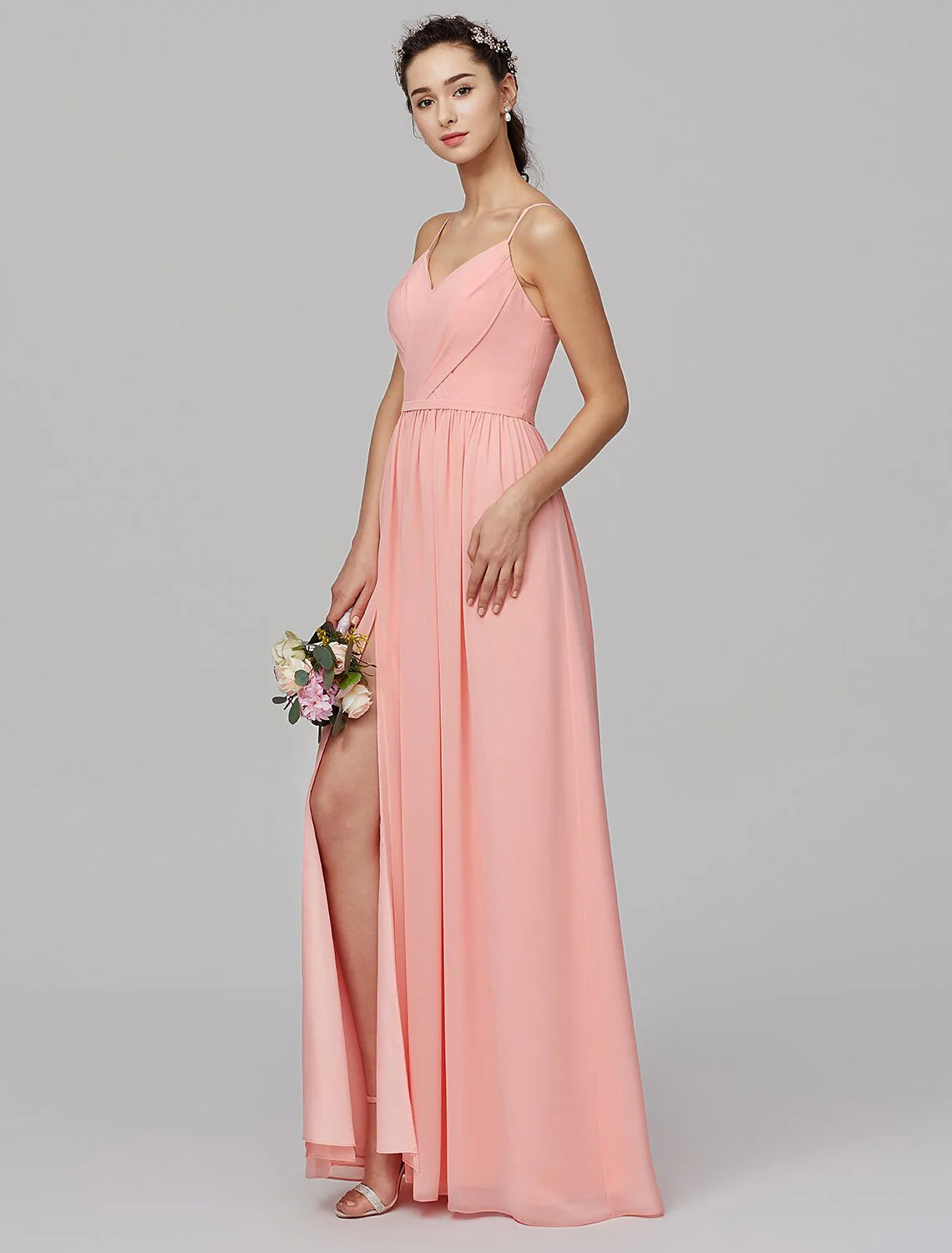 DingjiA-Line Spaghetti Strap Floor Length Chiffon Bridesmaid Dress with Criss Cross / Split Front