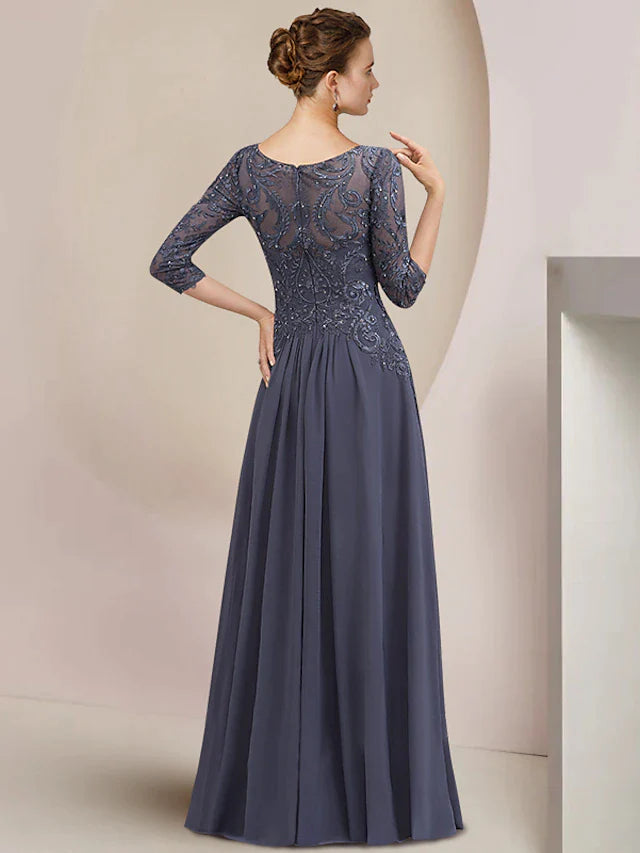 DingjiA-Line Mother of the Bride Dress Formal Elegant Scoop Neck Floor Length Tea Length Chiffon Lace Half Sleeve with Beading Appliques