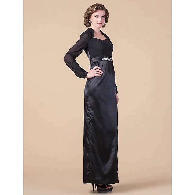 Sheath / Column Mother of the Bride Dress Queen Anne Floor Length Chiffon Stretch Satin Long Sleeve with Sash / Ribbon Beading Side Draping