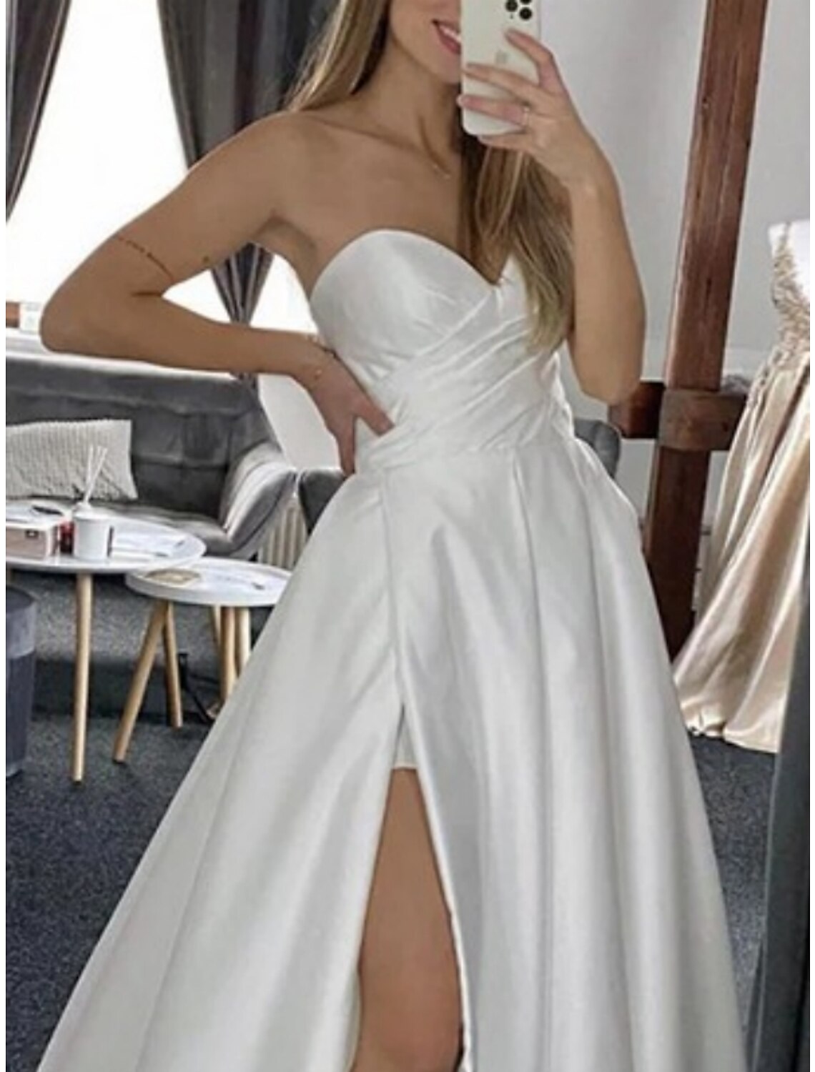 Engagement Formal Wedding Dresses Sheath / Column Sweetheart Sleeveless Floor Length Satin Bridal Gowns With Pleats Split Front