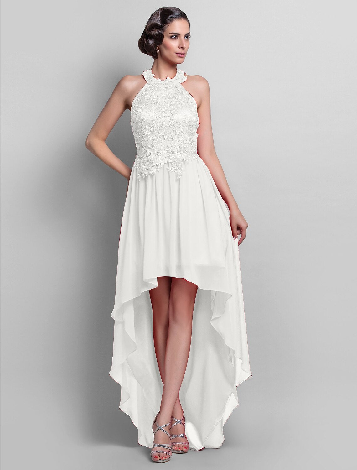 Sheath / Column Open Back Dress Wedding Guest Cocktail Party Asymmetrical Sleeveless Halter Neck Chiffon Backless with Appliques
