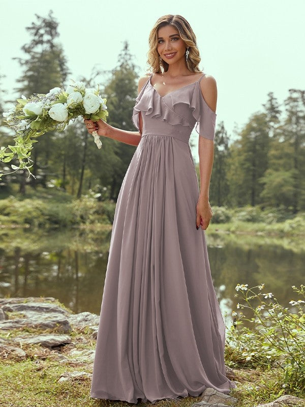 A-Line/Princess Chiffon Ruffles V-neck Sleeveless Floor-Length Bridesmaid Dresses