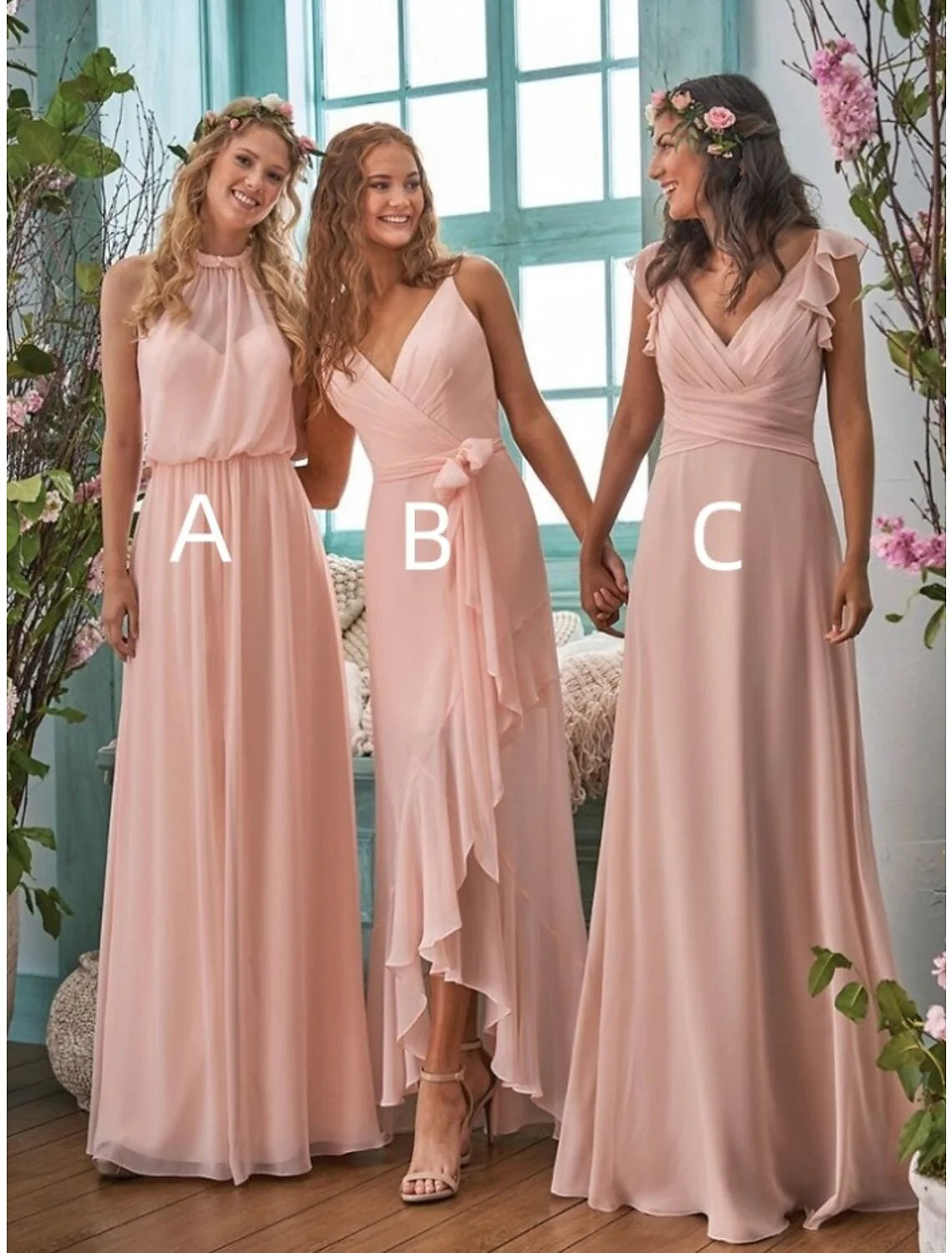 DingjiA-Line Bridesmaid Dress Halter Neck / V Neck Sleeveless Elegant Floor Length Chiffon with Split Front / Ruching / Solid Color