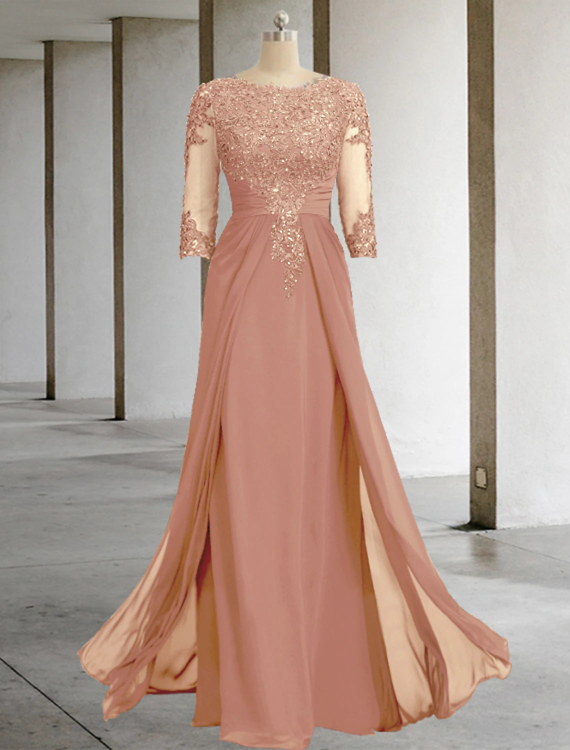 Sheath / Column Mother of the Bride Dress Formal Fall Wedding Guest Elegant Sparkle & Shine Jewel Neck Asymmetrical Floor Length Chiffon Lace 3/4 Length Sleeve with Sequin Appliques