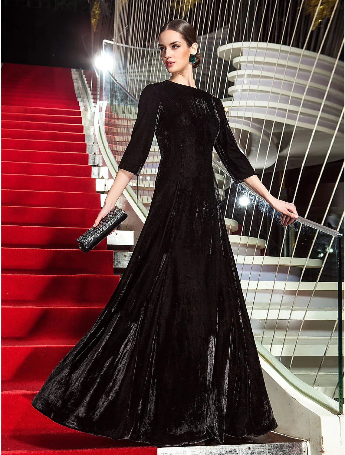 DingjiA-Line Celebrity Style Dress Wedding Guest Floor Length 3/4 Length Sleeve Jewel Neck Velvet with Pleats