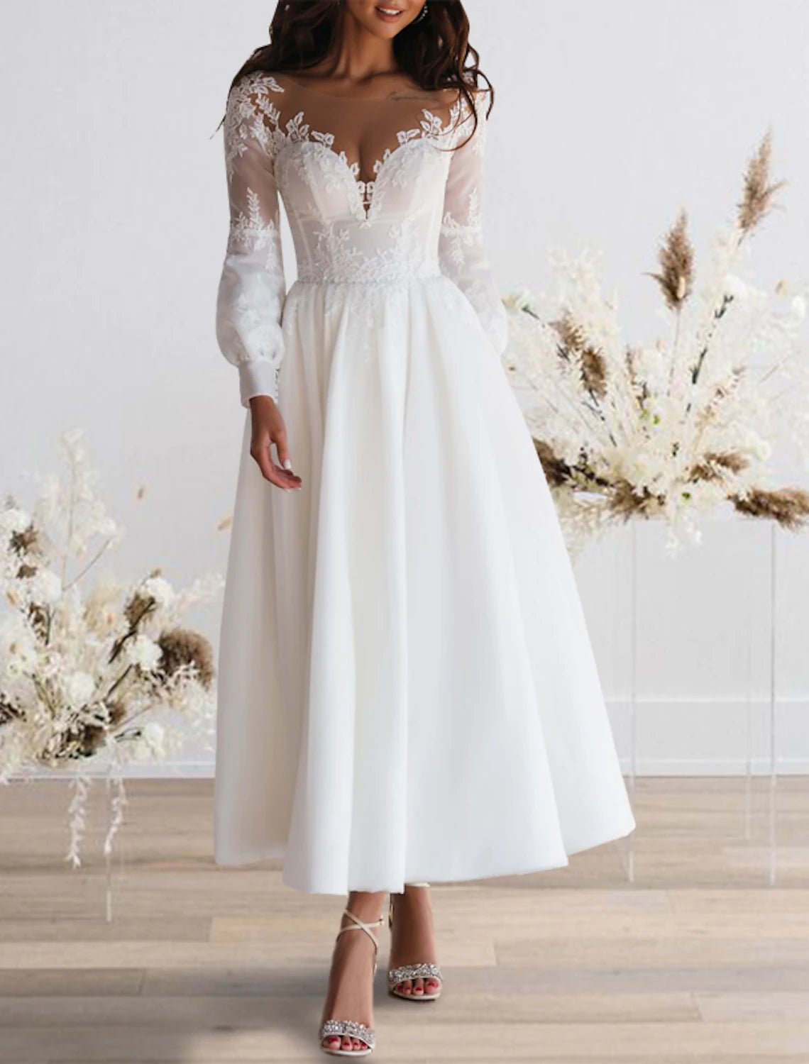 Reception Fall Wedding Dresses Vintage 1940s / 1950s Little White Dresses A-Line Illusion Neck Long Sleeve Ankle Length Chiffon Bridal Gowns With Appliques Summer Wedding Party , Women's Clothing