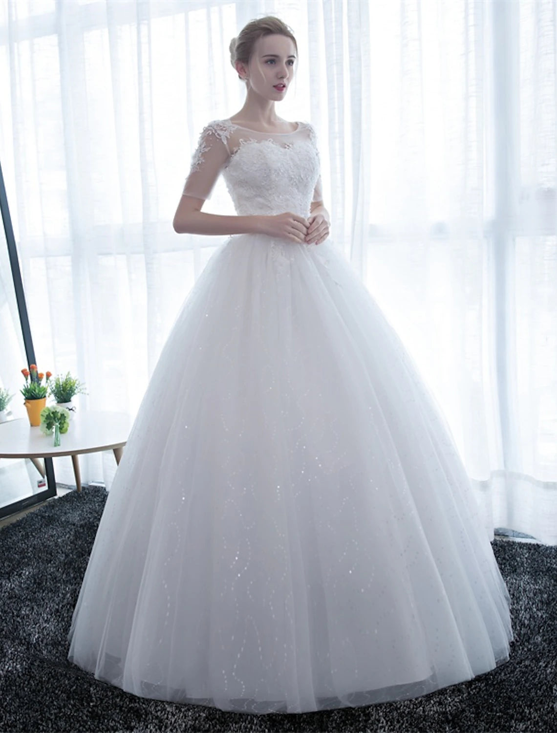 Reception Formal Wedding Dresses Ball Gown Illusion Neck Half Sleeve Floor Length Satin Bridal Gowns With Lace Summer Wedding Party