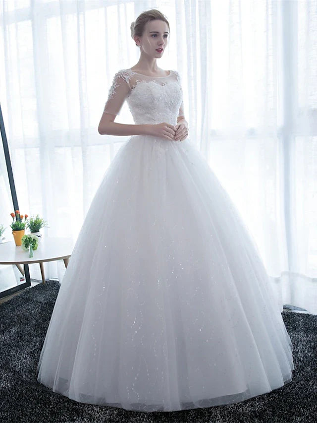 DingjiEngagement Formal Wedding Dresses Floor Length Ball Gown Half Sleeve Illusion Neck Satin With Lace