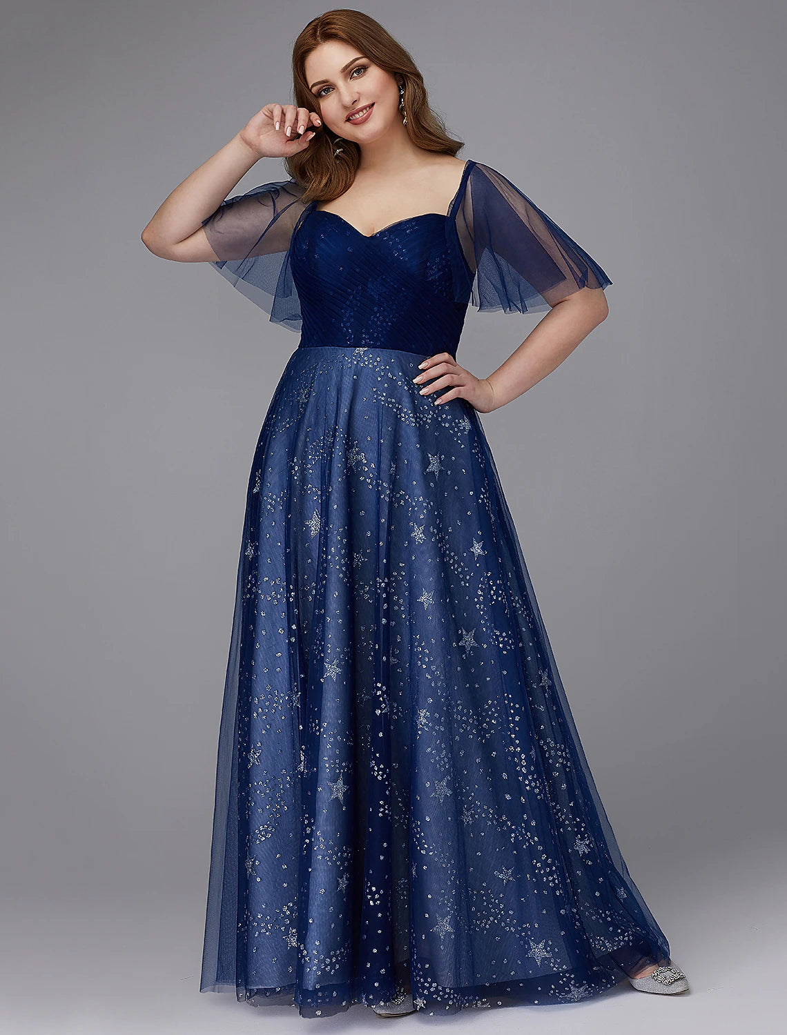 A-Line Plus Size Dress Prom Formal Evening Floor Length Short Sleeve Sweetheart Tulle Lace-up with Beading Pattern / Print