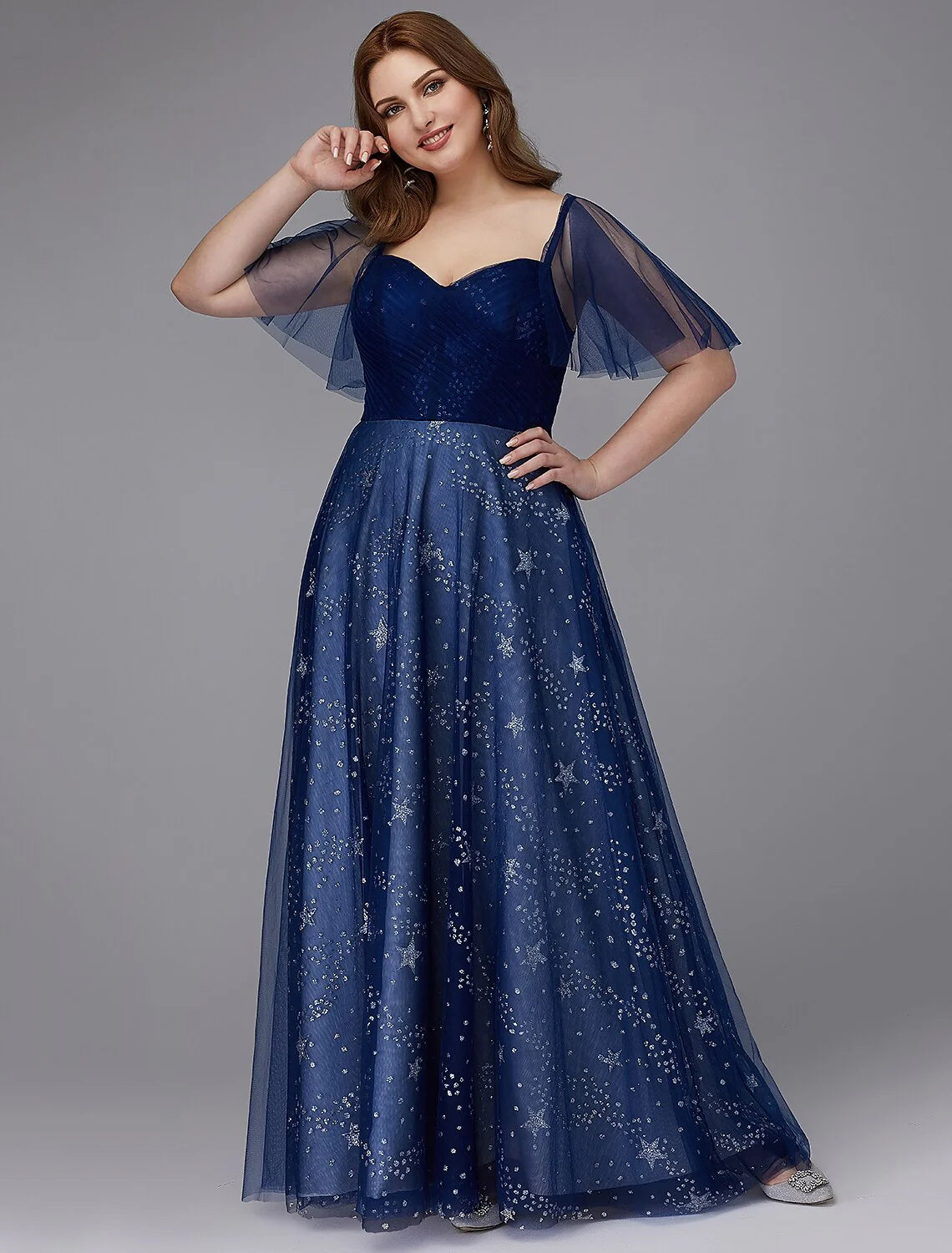 DingjiA-Line Plus Size Dress Wedding Guest Prom Floor Length Short Sleeve Sweetheart Tulle Lace-up with Beading Pattern / Print