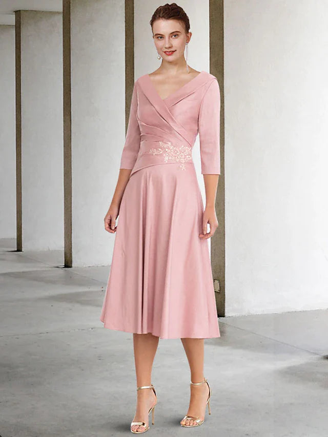 A-Line Mother of the Bride Dress Vintage Elegant V Neck Tea Length Satin Lace Half Sleeve with Appliques Side-Draped