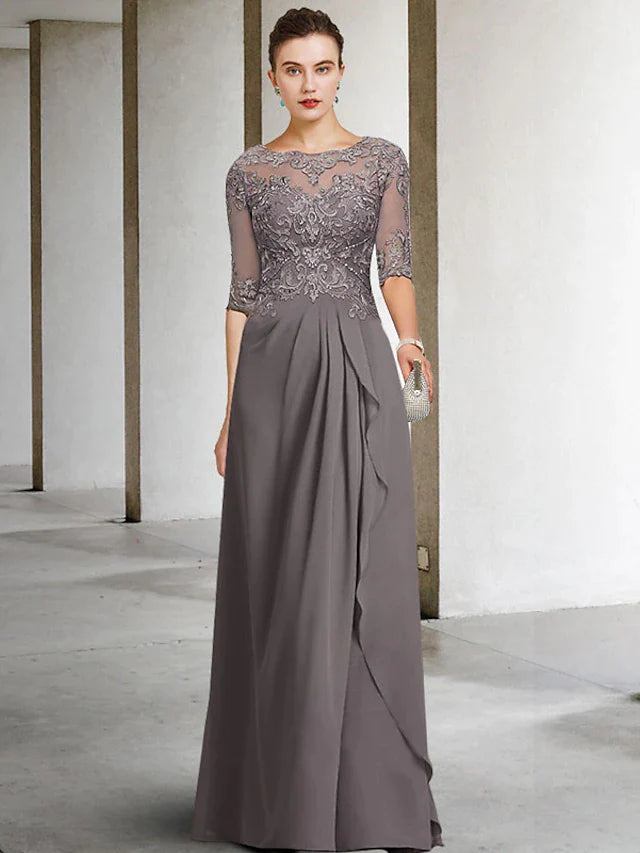 A-Line Mother of the Bride Dress Plus Size Elegant Jewel Neck Floor Length Chiffon Lace Half Sleeve with Pleats Beading Appliques