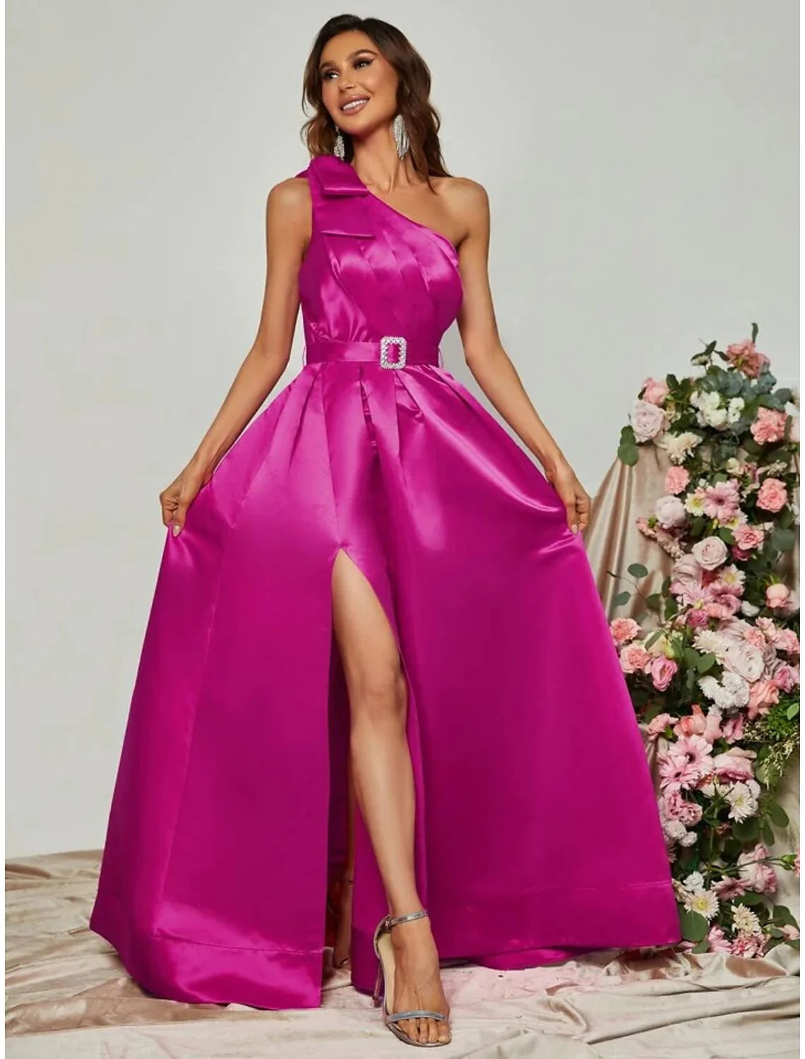 A-Line Evening Gown Black Dress Plus Size Party Dress Formal Fall Floor Length Sleeveless One Shoulder Satin with Pleats Slit Strappy