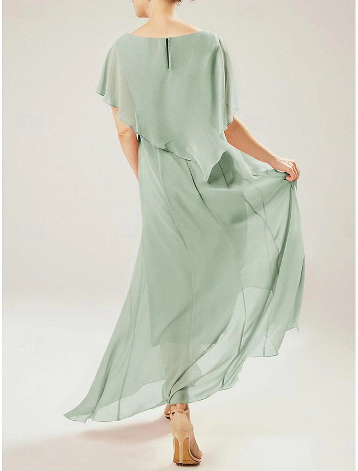 Sheath / Column Mother of the Bride Dress Wedding Guest Elegant Simple Jewel Neck Ankle Length Chiffon Short Sleeve Wrap Included with Tassel