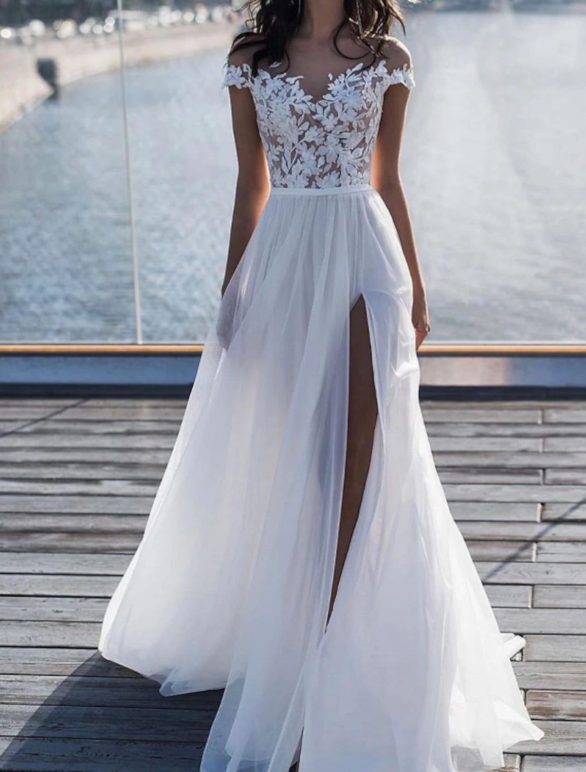 Beach Sexy Wedding Dresses A-Line Off Shoulder Sleeveless Sweep / Brush Train Chiffon Bridal Gowns With Split Front