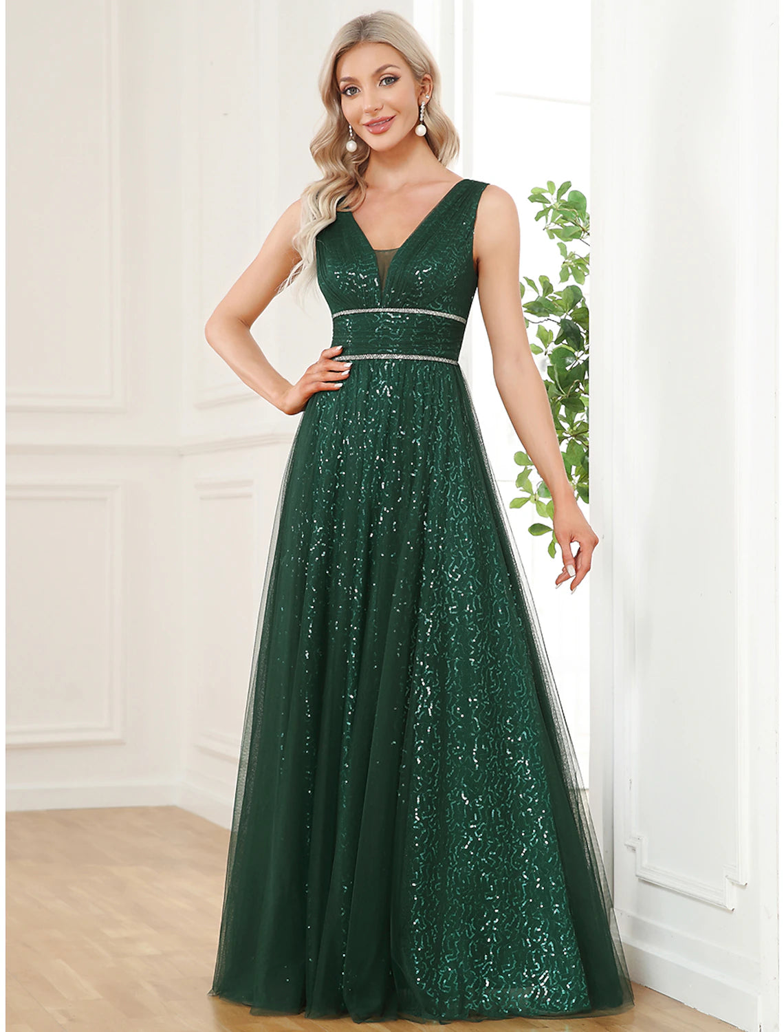 A-Line Prom Dresses Elegant Dress Party Wear Floor Length Sleeveless V Neck Sequined V Back with Sequin