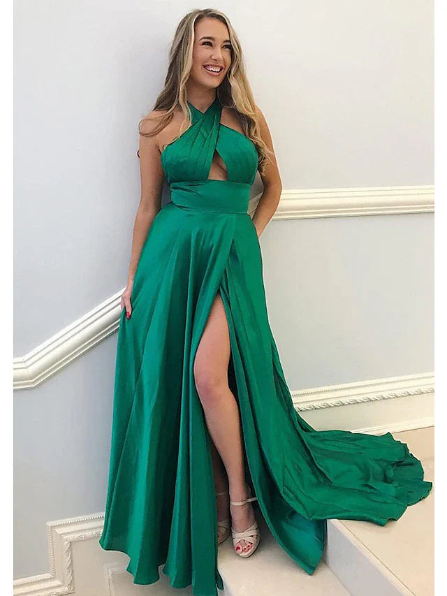 A-Line Prom Dresses Sexy Dress Formal Court Train Sleeveless High Neck Imitation Silk Backless with Pleats