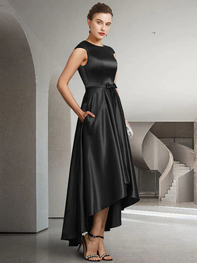 DingjiA-Line Mother of the Bride Dress Elegant High Low Jewel Neck Asymmetrical Satin Sleeveless with Bow(s) Pleats