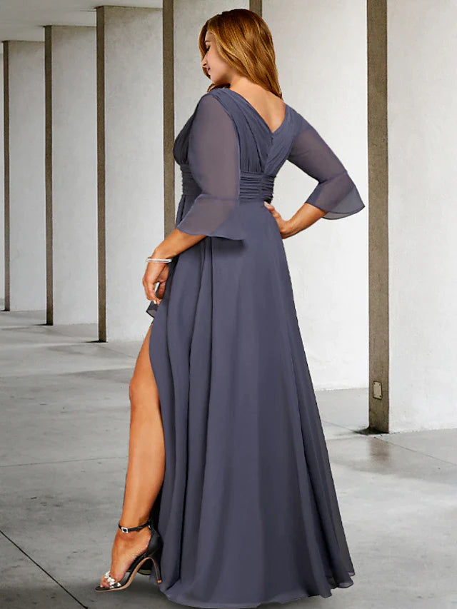 A-Line Plus Size Curve Mother of the Bride Dresses Elegant Dress Formal Asymmetrical 3/4 Length Sleeve V Neck Chiffon with Pleats Ruched Slit