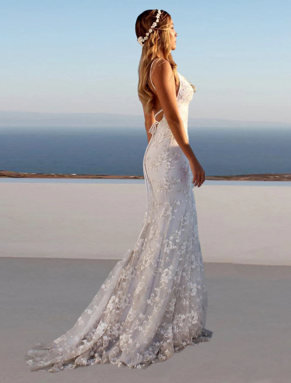 Beach Open Back Boho Wedding Dresses Mermaid / Trumpet Sweetheart Camisole Spaghetti Strap Sweep / Brush Train Lace Bridal Gowns With Appliques Summer Wedding Party