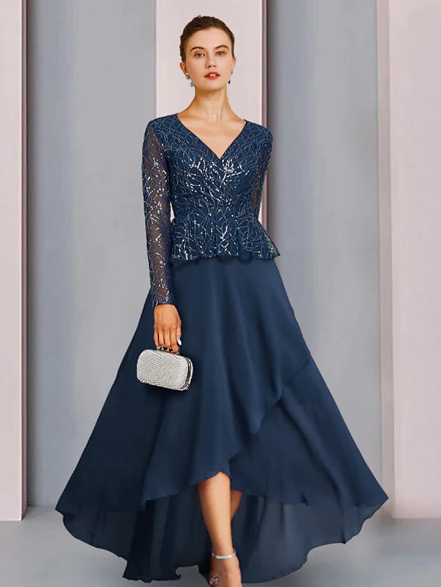Sheath / Column Mother of the Bride Dress Wedding Guest Elegant Sparkle & Shine V Neck Asymmetrical Chiffon Lace Sequined Long Sleeve with Pleats