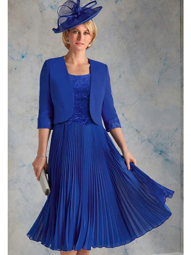 Two Piece Mother of the Bride Dress Church Elegant & Luxurious Scoop Neck Tea Length Chiffon 3/4 Length Sleeve Short Jacket Dresses with Lace Ruching