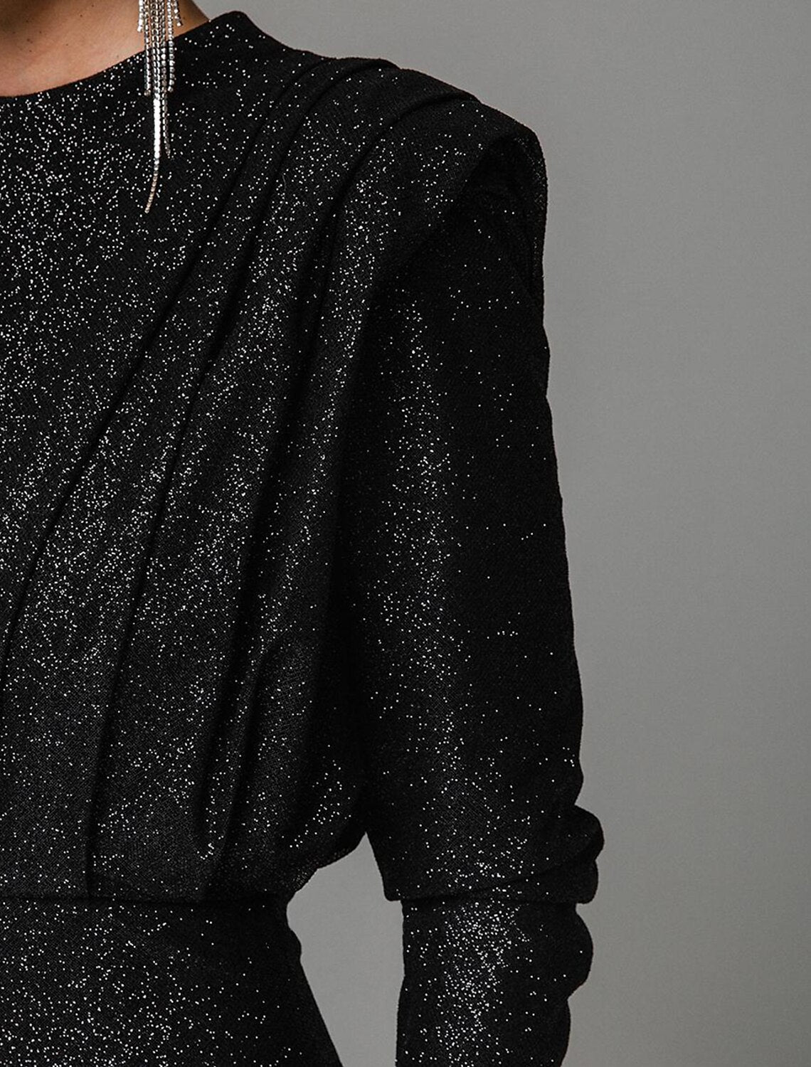 Sheath Black Dress Evening Gown Glittering Dress Formal Masquerade Floor Length Long Sleeve Jewel Neck Lurex Fabric with Slit